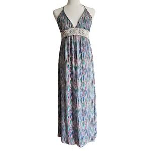 Route 66 Maxi Dress Size M Blue Y2K Halter Crochet Waist Boho‎ Summer Festival